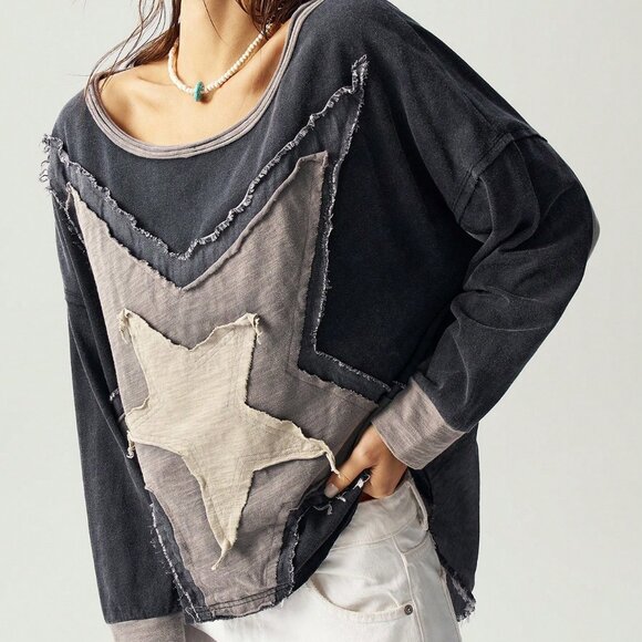 Boho Casual Women's Asymmetric Hemline & Patchwork detail Boho Loose Fit Shirt - Picture 2 of 7